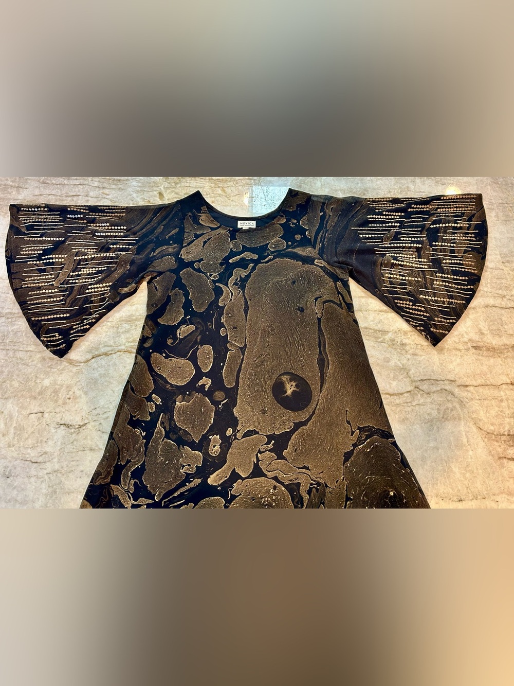 NOVICA Black Gold Metallic Abstract Embellished Sleeve Dress Small
